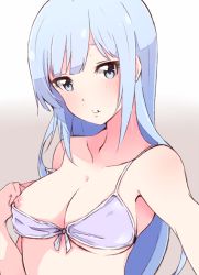 Rule 34 | 1girl, bikini, bikini pull, blue eyes, blue hair, blush, breasts, clothes pull, enelis, front-tie bikini top, front-tie top, idolmaster, idolmaster million live!, idolmaster million live! theater days, light blue hair, long hair, looking at viewer, medium breasts, nipple slip, nipples, one breast out, parted lips, reaching, reaching towards viewer, selfie, shiraishi tsumugi, solo, swimsuit, upper body