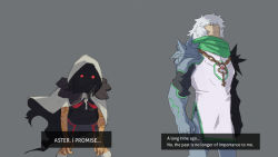 Rule 34 | 1boy, 1girl, alternate costume, armor, az (pokemon), black shirt, breasts, chain, chain necklace, cloak, closed mouth, commentary, creatures (company), dark persona, dialogue box, english commentary, english text, frown, game freak, gauntlets, glowing, glowing eyes, go-lurk, grey background, grey shorts, hood, hood up, hunched over, jewelry, key, kneehighs, looking at viewer, necklace, nintendo, pokemon, pokemon oras, pokemon xy, red eyes, shirt, short hair, short shorts, shorts, shoulder armor, socks, white hair, white socks, zinnia (pokemon)
