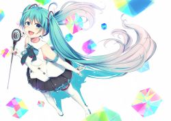 Rule 34 | 1girl, aqua eyes, aqua hair, boots, detached sleeves, from above, full body, hatsune miku, highres, hinata (uzukitten), long hair, looking at viewer, microphone, musical note, open mouth, skirt, solo, standing, thigh boots, thighhighs, twintails, very long hair, vocaloid, white background