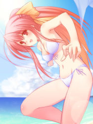 Rule 34 | 1girl, 47agdragon, :d, armpits, bare shoulders, bikini, bow, collarbone, day, hair bow, long hair, looking at viewer, navel, open mouth, original, smile, solo, stomach, swimsuit, very long hair