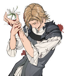 Rule 34 | 121sophiaky, 1boy, absurdres, armor, blonde hair, blood, blood on hands, closed eyes, cowboy shot, dion lesage, earrings, final fantasy, final fantasy xvi, flower, highres, holding own arm, injury, jewelry, long sleeves, male focus, medium hair, parted bangs, plant roots, puffy long sleeves, puffy sleeves, shirt, shoulder armor, solo, swept bangs, tears, white background, white flower, white shirt