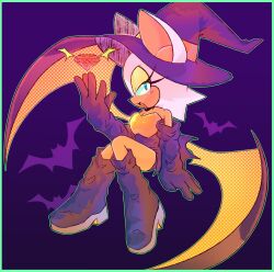 Rule 34 | 1girl, :d, absurdres, bat (animal), bat wings, blue eyes, boots, breasts, chaos emerald, elbow gloves, furry, furry female, gem, gloves, hat, high heel boots, high heels, highres, knee boots, looking at viewer, medium breasts, open mouth, rouge the bat, smile, sonic (series), stellarspin, wings, witch hat