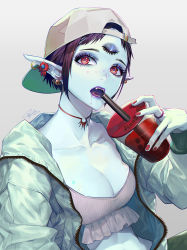 Rule 34 | 1girl, artist name, backwards hat, baseball cap, blood, blood from mouth, breasts, brown hair, bubble tea, choker, cleavage, commentary request, crop top, cup, dated, earrings, eyelashes, eyeshadow, fangs, frilled shirt, frills, green background, grey background, hat, highres, holding, holding cup, jacket, jewelry, looking at viewer, makeup, medium breasts, nail polish, one eye closed, open mouth, original, pale skin, pointy ears, purple lips, red eyes, red nails, shirt, short hair, signature, simple background, solo, tajima yukie, third eye, upper body, vampire, white hat