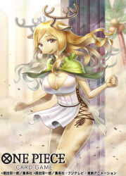 1girl antlers blonde_hair breasts brown_eyes capelet commentary_request copyright_name cross-laced_clothes cross-laced_dress dress dust floating_hair green_capelet haru_(toyst) horns large_breasts long_hair looking_at_viewer milky_(one_piece) official_art one_piece one_piece_card_game reindeer_girl smile smoke solo white_dress wind