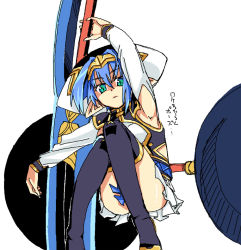 Rule 34 | 1girl, black thighhighs, blue hair, convenient censoring, convenient leg, green eyes, hat, hellmatio, huge weapon, knees up, kurosho, long sleeves, looking at viewer, pleated skirt, pointy ears, shaded face, shinrabanshou, short hair, simple background, skirt, solo, thighhighs, thighs, weapon, white background, white skirt, zettai ryouiki