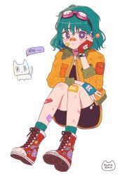 Rule 34 | 1girl, aqua hair, asymmetrical gloves, bandaid, bandaid on face, bandaid on knee, bandaid on leg, bandaid on nose, black shorts, blue gloves, candy, emma (kumaema), food, full body, gloves, goggles, goggles on head, hand up, highres, jacket, knees up, lollipop, looking at viewer, medium hair, original, purple eyes, red footwear, red gloves, shadow, shoes, shorts, signature, simple background, sitting, solo, white background, yellow jacket