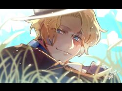 Rule 34 | 1boy, black coat, blonde hair, blue eyes, blue shirt, close-up, coat, crossed arms, dated, emase (foxmoon), grass, letterboxed, light smile, male focus, on grass, one piece, sabo (one piece), scar, scar on face, shirt, short hair, signature, sky, solo