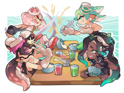 Rule 34 | 4girls, black dress, black gloves, black hair, black shirt, boots, bowl, callie (splatoon), cephalopod eyes, collar, cousins, covering face, crop top, crown, cup, detached collar, dress, drinking glass, earrings, fangs, fingerless gloves, food, food fight, food on head, fork, gloves, gomipomi, gradient hair, gravy boat, green eyes, green hair, grin, headphones, holding, holding fork, holding spoon, jewelry, leg up, long hair, looking at another, marie (splatoon), marina (splatoon), mole, mole under eye, mole under mouth, motion blur, multicolored hair, multiple girls, nintendo, object on head, octoling, one eye closed, pearl (splatoon), pink eyes, pink hair, pointy ears, shirt, short dress, short hair, sitting, smile, spill, splatoon (series), splatoon 1, splatoon 2, spoon, standing, strapless, strapless dress, table, tentacle hair, white collar, white footwear, white gloves, wince, zipper pull tab