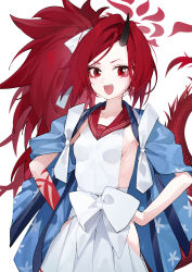 Rule 34 | 1girl, absurdres, blue archive, blue kimono, breasts, dragon tail, dress, eyeliner, hair ribbon, halo, highres, horns, japanese clothes, kimono, long hair, long sleeves, looking at viewer, makeup, open mouth, parted bangs, pleated skirt, ponytail, red eyes, red hair, red sailor collar, renge (blue archive), ribbon, sailor collar, sideless outfit, single horn, skirt, small breasts, smile, solo, tail, white dress, wide sleeves, yanyo (ogino atsuki)