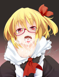 Rule 34 | 1girl, ascot, bad id, bad pixiv id, bespectacled, blonde hair, collarbone, cum, cum in mouth, cum on body, cum on hair, cum on tongue, cum on upper body, cum string, downblouse, dress, embodiment of scarlet devil, face, facial, fang, glasses, hair ribbon, heart, long sleeves, looking at viewer, ogami kazuki, open mouth, oral invitation, red-framed eyewear, red eyes, ribbon, rumia, saliva, semi-rimless eyewear, short hair, solo, teeth, touhou, under-rim eyewear