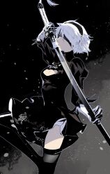 Rule 34 | 1girl, black blindfold, black dress, black hairband, blindfold, cleavage cutout, clothing cutout, cofffee, dark background, dress, gloves, hairband, holding, holding sword, holding weapon, juliet sleeves, katana, long sleeves, nier:automata, nier (series), puffy sleeves, short hair, solo, sword, thighhighs, thighs, weapon, white hair, 2b (nier:automata)