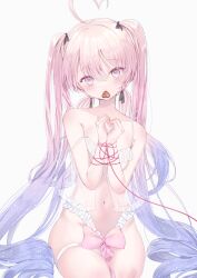 Rule 34 | 1girl, ahoge, black ribbon, blue hair, blush, bound, bound wrists, bow, breasts, candy, chocolate, chocolate heart, collarbone, commentary, curly hair, curvy, dress, eyelashes, food, food in mouth, gradient hair, groin, hair between eyes, hair ribbon, head tilt, heart, heart ahoge, heart hands, highres, long hair, looking at viewer, multicolored hair, navel, no bra, off shoulder, original, own hands together, paraffin, pink bow, pink eyes, pink hair, red ribbon, ribbon, see-through, see-through dress, sidelocks, simple background, sitting, small breasts, solo, sparkle, stomach, thigh strap, thighs, twintails, upturned eyes, valentine, very long hair, white background, white dress