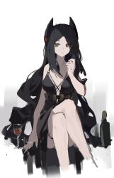 Rule 34 | 1girl, absurdres, arknights, black dress, black hair, bottle, breasts, brown eyes, chinese commentary, closed mouth, collarbone, commentary request, crossed legs, cup, dress, drink, drinking glass, feet out of frame, gradient background, grey background, highres, horns, ines (arknights), long hair, looking at viewer, medium breasts, parted bangs, sitting, sleeveless, sleeveless dress, solo, thigh strap, very long hair