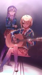 Rule 34 | 2girls, arm under breasts, black ribbon, black socks, black thighhighs, blazer, blue jacket, blush, brown footwear, closed mouth, crossed legs, glasses, green eyes, guitar, hair over one eye, heaven burns red, highres, holding, holding instrument, instrument, irohatomo, izumi yuki (heaven burns red), jacket, kayamori ruka, loafers, long hair, long sleeves, multiple girls, music, necktie, on chair, one eye covered, open mouth, plaid, plaid skirt, playing instrument, pleated skirt, red eyes, red necktie, ribbon, school uniform, shirt, shoes, short hair, sitting, skirt, socks, sparkle, standing, stool, thighhighs, white hair, white shirt, wooden stool