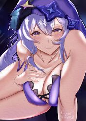 Rule 34 | 1girl, absurdres, arm support, armpit crease, artist request, bare shoulders, black swan (honkai: star rail), blush, bra, breasts, breasts squeezed together, cleavage, hair between eyes, hair ornament, hand on own chest, highres, honkai: star rail, honkai (series), huge filesize, large breasts, legs together, long hair, looking at viewer, multicolored eyes, purple bra, purple eyes, purple hair, purple veil, sidelocks, simple background, smile, solo, symbol-shaped pupils, underwear, undone bra