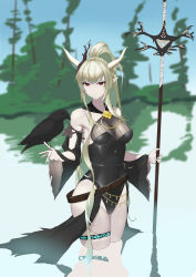 Rule 34 | 1girl, absurdres, arknights, bare shoulders, belt, bird, black one-piece swimsuit, breasts, closed mouth, copper, cropped legs, highres, holding, holding weapon, horns, light green hair, long hair, looking at viewer, medium breasts, official alternate costume, one-piece swimsuit, pointy ears, ponytail, red eyes, serious, shining (arknights), shining (silent night) (arknights), sidelocks, simple background, solo, standing, swimsuit, thighs, weapon