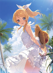Rule 34 | 10s, 1girl, 6u (eternal land), :d, ayase eli, bare arms, bare shoulders, blonde hair, blue eyes, blue sky, bug, butterfly, cloud, coconut, cowboy shot, dappled sunlight, day, dress, floating hair, hair ribbon, hat, unworn hat, unworn headwear, holding, holding hat, bug, looking at viewer, love live!, love live! school idol project, open mouth, outdoors, palm tree, ponytail, ribbon, see-through silhouette, sky, sleeveless, sleeveless dress, smile, solo, straw hat, sundress, sunlight, thighs, tree, white dress, wind, wind lift