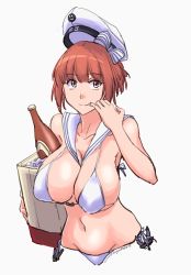 Rule 34 | absurdres, aged up, alternate breast size, anchor, bikini, bottle, breasts, brown eyes, brown hair, cleavage, cooler, hat, highres, kantai collection, kriegsmarine, large breasts, military hat, red hair, sailor bikini, sailor collar, sailor hat, short hair, solo, sozan, swimsuit, white background, white bikini, white hat, wine bottle, z3 max schultz (kancolle)
