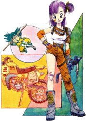 Rule 34 | 1boy, 1girl, :o, ankle boots, arm at side, arms up, asymmetrical legwear, bag, bandaid, bandaid on cheek, bandaid on face, bandaid on knee, bandaid on leg, belt, black eyes, black hair, black ribbon, blue footwear, boots, breasts, bulma, character name, circle, clenched hand, collarbone, colorful, commentary, contrapposto, covered erect nipples, denim, dougi, dragon ball, dragon ball (classic), dutch angle, elbow sleeve, eyelashes, fanny pack, floating, full body, gloves, goggles, goggles around neck, gun, hair ribbon, hand on own hip, happy, head tilt, highres, holding, holding gun, holding weapon, jeans, lips, looking at viewer, machine gun, martial arts belt, medium breasts, monkey tail, motor vehicle, motorcycle, multicolored background, nipples, ruyi jingu bang, official art, open clothes, orange gloves, pants, parted lips, purple eyes, purple hair, ribbon, shirt, shirt tucked in, short sleeves, shoulder pads, side ponytail, simple background, smile, son goku, spiked hair, square, standing, straight hair, swept bangs, tail, teeth, tongue, toriyama akira, torn clothes, torn jeans, torn legwear, torn pants, triangle, uneven legwear, upper teeth only, weapon, white background, white shirt, wristband