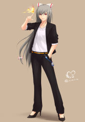 Rule 34 | 1girl, alternate costume, bad id, bad pixiv id, belt buckle, black footwear, black jacket, black pants, blazer, bow, buckle, character name, closed mouth, collarbone, commentary request, contemporary, eyes visible through hair, fire, fire, fujiwara no mokou, full body, grey background, grey hair, hair bow, hair ribbon, hand in pocket, high heels, highres, jacket, kamishirasawa keine, lips, long hair, looking at viewer, magic, pants, red eyes, ribbon, shirt, shoes, solo, standing, touhou, white bow, white ribbon, white shirt, yoshinobu