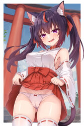 Rule 34 | 1girl, absurdres, animal ear fluff, animal ears, black hair, blush, bow, bow panties, cat ears, cat girl, cat tail, clothes lift, covered erect nipples, detached sleeves, fang, hair ribbon, hakama, hakama skirt, highres, japanese clothes, kazuneko-chan, kazuneko (wktk1024), lifted by self, long hair, miko, multicolored hair, open mouth, original, panties, purple eyes, red hair, red hakama, red ribbon, ribbon, skirt, skirt lift, solo, streaked hair, tail, thighhighs, tongue, underwear, white panties, white thighhighs, wide sleeves