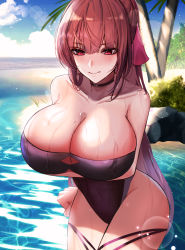 Rule 34 | 1girl, absurdres, arm behind back, bad id, bad pixiv id, bare shoulders, beach, black choker, blue sky, blush, breasts, choker, cleavage, closed mouth, collarbone, covered navel, crossed arms, feet out of frame, ga yeah, girls&#039; frontline, hair ribbon, highres, large breasts, long hair, looking down, on water, one-piece swimsuit, ponytail, purple eyes, purple hair, purple one-piece swimsuit, ribbon, sky, solo, standing, sweat, swimsuit, thighs, wa2000 (girls&#039; frontline), water, wet, wet clothes, wet swimsuit