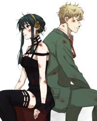 Rule 34 | 1boy, 1girl, black hair, bleeding, blonde hair, blood, blood on clothes, blood on face, blood on hands, blue eyes, breasts, bruise, bruise on face, cuts, dirty, dirty clothes, dress, earrings, formal, gold earrings, gold hairband, green suit, hairband, hetero, highres, husband and wife, injury, jewelry, large breasts, long hair, long sleeves, medium breasts, red eyes, red tie, scratches, shirt, short hair, sidelocks, simple background, spy x family, suit, tama . kogifu, twilight (spy x family), two-sided dress, two-sided fabric, yor briar