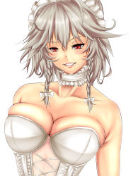 Rule 34 | 1girl, bad id, bad pixiv id, bare shoulders, braid, breasts, choker, cleavage, collarbone, corset, exercising, female focus, hair ribbon, highres, izayoi sakuya, large breasts, lips, maid headdress, parted lips, push-ups, red eyes, ribbon, ribbon choker, silver hair, simple background, smile, solo, touhou, twin braids, undersized clothes, untue, upper body