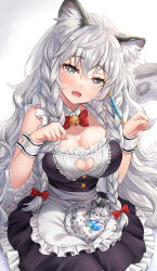 Rule 34 | 1girl, :d, absurdres, alternate costume, animal, animal ear fluff, animal ears, animal on lap, apron, arknights, bell, black dress, blush, bow, bowtie, braid, breasts, cleavage, cleavage cutout, clothing cutout, collar, commentary request, dress, enmaided, fang, frilled apron, frilled dress, frills, grey eyes, hair between eyes, heart cutout, highres, humiaojun, large breasts, leopard, leopard ears, leopard girl, leopard tail, long hair, looking at viewer, maid, neck bell, on lap, open mouth, paw pose, pramanix (arknights), red bow, red bowtie, sidelocks, skin fang, sleeveless, sleeveless dress, smile, solo, tail, tail raised, twin braids, very long hair, waist apron, white apron, white collar, white hair, wrist cuffs