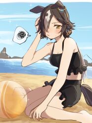 Rule 34 | 1girl, animal ears, ball, bare arms, bare shoulders, barefoot, beach, beachball, bikini, black bikini, black hair, blue sky, blush, breasts, cleavage, closed mouth, cloud, commentary request, day, ears down, frilled bikini, frills, hair over one eye, hand up, highres, hiyo (2016.10), horse ears, horse girl, horse tail, long hair, looking at viewer, low ponytail, medium breasts, multicolored hair, on ground, outdoors, ponytail, sand, sitting, sky, solo, spoken squiggle, squiggle, sweat, swimsuit, tail, two-tone hair, umamusume, very long hair, vodka (umamusume), wariza, water, white hair, yellow eyes