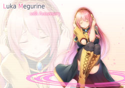 Rule 34 | 1girl, amulet, anniversary, asymmetrical sleeves, bit (keikou syrup), blush, boots, character name, commentary, cross-laced footwear, detached sleeves, closed eyes, headphones, holding, holding headphones, knee boots, knees to chest, lace-up boots, long hair, megurine luka, pink hair, see-through, sitting, skirt, smile, solo, straight hair, thighhighs, uneven sleeves, vocaloid, yellow thighhighs, zoom layer