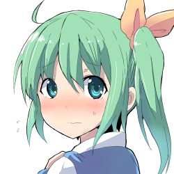 Rule 34 | 1girl, blush, commentary request, daiyousei, flying sweatdrops, green eyes, green hair, hair ribbon, kuromu (underporno), looking at viewer, matching hair/eyes, portrait, ribbon, side ponytail, solo, touhou, wavy mouth