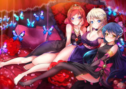 Rule 34 | 10s, 2015, 3girls, :&lt;, :o, artist name, ayase eli, bare shoulders, barefoot, beads, black dress, blonde hair, blue eyes, blue hair, blush, breasts, brown eyes, bug, butterfly, choker, cleavage, collarbone, dated, deeple, detached sleeves, dress, earrings, green gemstone, feet, flower, gem, girl sandwich, gloves, hand on own hip, hand on own cheek, hand on own face, highres, bug, jewelry, large breasts, long hair, looking at viewer, love live!, love live! school idol festival, love live! school idol project, lying, medium breasts, multiple girls, necklace, nishikino maki, no shoes, petals, pillow, pink hair, purple dress, purple eyes, red hair, rose, rose petals, red gemstone, sandwiched, blue gemstone, short hair, smile, sonoda umi, sparkle, strap slip, thighhighs, tiara, white gloves, yellow eyes