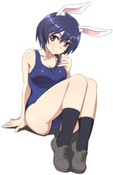 Rule 34 | 1girl, animal ears, blue hair, blue one-piece swimsuit, blush, brave witches, breasts, cleavage, closed mouth, collarbone, crotch, looking at viewer, medium breasts, nanashino, one-piece swimsuit, rabbit ears, red eyes, shimohara sadako, short hair, simple background, smile, solo, swimsuit, white background, world witches series