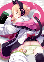 Rule 34 | &gt; &lt;, 2girls, anger vein, animal ear headphones, animal ears, black legwear, blonde hair, blue archive, blush, bow, cat ear headphones, cat tail, fake animal ears, game over, green panties, hair bow, halo, handheld game console, headphones, highres, jacket, long sleeves, lying, midori (blue archive), mishima hiroji, momoi (blue archive), multiple girls, nintendo switch, on stomach, open mouth, panties, panty pull, playing games, pleated skirt, polka dot, polka dot panties, pulling another&#039;s clothes, skirt, tail, tearing up, thighhighs, underwear, white jacket