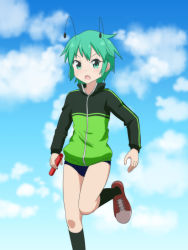 Rule 34 | 1girl, alternate costume, antennae, black socks, blue sky, blush, buruma, cato (monocatienus), cloud, commentary request, day, feet out of frame, green eyes, green hair, green jacket, holding, jacket, kneehighs, leg up, long sleeves, looking at viewer, no pants, open mouth, outdoors, red footwear, shoes, short hair, sky, sneakers, socks, solo, standing, standing on one leg, sweat, thighs, touhou, v-shaped eyebrows, wriggle nightbug