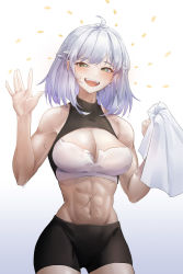 Rule 34 | 1girl, :d, abs, absurdres, ahoge, bare arms, bare shoulders, black shorts, breasts, cleavage, commentary, cowboy shot, crop top, earrings, gradient background, green eyes, grey background, grey hair, hands up, highres, jewelry, large breasts, looking at viewer, midriff, navel, open mouth, original, short hair, short shorts, shorts, smile, solo, standing, stomach, sweat, uth 95, white background