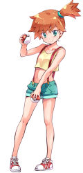 Rule 34 | 1girl, aqua eyes, aqua shorts, bare arms, bare shoulders, breasts, closed mouth, collarbone, creatures (company), crop top, full body, game freak, hair between eyes, holding, holding poke ball, legs apart, misty (pokemon), navel, nintendo, orange hair, poke ball, poke ball (basic), pokemon, pokemon (anime), pokemon (classic anime), shirt, shoelaces, shoes, short hair, shorts, side ponytail, simple background, small breasts, smile, sneakers, solo, standing, suspender shorts, suspenders, suzuki24, tank top, white background, yellow shirt