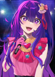 Rule 34 | 1girl, :d, absurdres, blush, frills, gloves, hair ornament, highres, holding, holding microphone, hoshino ai (oshi no ko), kkato, long hair, looking at viewer, microphone, open mouth, oshi no ko, pink gloves, purple eyes, purple hair, smile, solo, star-shaped pupils, star (symbol), symbol-shaped pupils, teeth