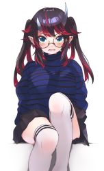 Rule 34 | 1girl, alternate costume, alternate hairstyle, black hair, black skirt, blue eyes, blue sweater, blush, breasts, brown-framed eyewear, commentary request, demon girl, demon horns, feet out of frame, glasses, highres, horns, invisible chair, large breasts, long hair, looking at viewer, miniskirt, multicolored hair, nanashi inc., open mouth, pointy ears, red hair, round eyewear, ryugasaki rene, simple background, sitting, skirt, solo, striped clothes, striped sweater, sugar lyric, sweater, thighhighs, twintails, two-tone hair, virtual youtuber, white background, white thighhighs, zono (inokura syuzo029)