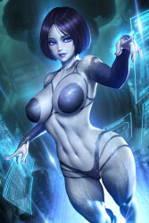 Rule 34 | 1girl, black hair, black panties, blue eyes, blurry, blurry background, bra, breasts, bridal gauntlets, circuit, collarbone, colored skin, commentary, cortana, cupless bra, english commentary, grey nails, grey skin, halo (series), halo 4, hologram, holographic interface, holographic touchscreen, large breasts, mixed-language commentary, navel, neoartcore, paid reward available, panties, purple lips, short hair, solo, thai commentary, underwear, wide hips
