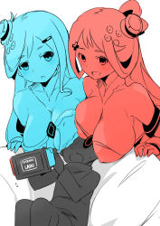 Rule 34 | 1boy, 2girls, :d, bare shoulders, blush, breast rest, breasts, breasts on head, cleavage, commentary request, d-pad, d-pad hair ornament, detached collar, detached sleeves, hair ornament, hairclip, head-mounted display, joy-con, large breasts, long hair, multiple girls, naik, nintendo, nintendo labo, nintendo switch, open mouth, personification, simple background, sitting, sketch, smile, swept bangs, white background