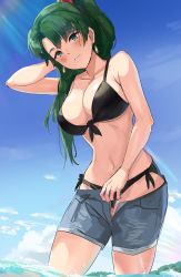 Rule 34 | 1girl, absurdres, alternate costume, bare shoulders, bikini, bikini under clothes, black bikini, blue sky, blush, breasts, cleavage, closed mouth, cloud, cloudy sky, commentary, day, earrings, fire emblem, fire emblem: the blazing blade, green hair, hand up, highres, jewelry, lips, long hair, looking at viewer, lyn (fire emblem), medium breasts, navel, nintendo, ormille, outdoors, shorts, side-tie bikini bottom, sky, solo, stomach, sunlight, swimsuit, undressing, wading, water