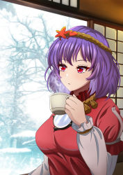 Rule 34 | 1girl, breasts, commentary request, cup, leaf hair ornament, highres, holding, holding cup, hot drink, indoors, large breasts, leaf, long sleeves, looking afar, maple leaf, mirror, mug, murasaki tsutsuji, parted lips, puffy sleeves, purple hair, red eyes, red shirt, rope, shimenawa, shirt, short hair, snow, snowing, solo, steam, tassel, touhou, upper body, window, yasaka kanako