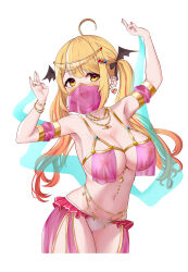 Rule 34 | 1girl, absurdres, ahoge, ar-khey, arms up, belly dancing, blonde hair, bracelet, breasts, commission, covered erect nipples, dancer, earrings, hair ornament, highres, hololive, jewelry, large breasts, long hair, looking at viewer, mouth veil, necklace, nipples, open mouth, panties, see-through, simple background, smile, solo, twintails, underwear, veil, virtual youtuber, white background, white panties, yellow eyes, yozora mel