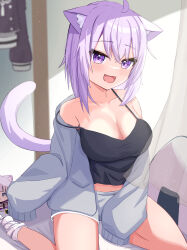Rule 34 | 1girl, :d, absurdres, ahoge, alternate costume, animal ears, bedroom, black camisole, blush, breasts, camisole, cat ears, cat girl, cat tail, chestnut mouth, commentary request, crossed bangs, double-parted bangs, fang, grey jacket, grey shorts, hair between eyes, highres, hololive, hood, hooded jacket, indoors, jacket, large breasts, looking at viewer, loungewear, nekomata okayu, no bra, open clothes, open jacket, open mouth, parijennu222, purple eyes, purple hair, short hair, shorts, smile, solo, strap slip, tail, virtual youtuber