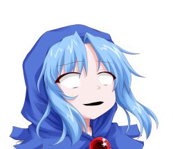 Rule 34 | 1girl, arc system works, axl low, blank eyes, blue hair, capelet, guilty gear, guilty gear xrd, hood, jewelry, kanchou, kumoi ichirin, oden (th-inaba), open mouth, parody, pendant, simple background, solo, style parody, touhou, upper body, white background, wide-eyed