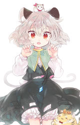 Rule 34 | 1girl, animal, animal ears, animal on head, biyon, black skirt, black vest, bloomers, bow, bowtie, capelet, cowboy shot, grey hair, hands up, jewelry, long sleeves, looking at viewer, mouse (animal), mouse ears, mouse on head, mouse tail, nazrin, on head, open mouth, pendant, red eyes, red neckwear, shirt, short hair, simple background, skirt, smile, tail, toramaru shou, toramaru shou (tiger), touhou, twitter username, underwear, vest, white background, white shirt