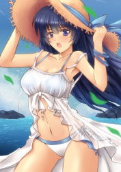 Rule 34 | 1girl, absurdres, bikini, bikini under clothes, black hair, blue eyes, blue hair, bracelet, breasts, cleavage, cowboy shot, day, dress, hat, highres, horizon, jewelry, long hair, looking at viewer, medium breasts, moe2018, ocean, open mouth, original, outdoors, sawwei005, solo, straw hat, swimsuit, swimsuit under clothes, white bikini, white dress
