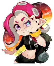 Rule 34 | 1girl, agent 8 (splatoon), black skirt, cloud, crop top, evening, groin, hand up, highres, isamu-ki (yuuki), long hair, looking at viewer, miniskirt, navel, nintendo, octoling, octoling girl, octoling player character, parted lips, pink hair, pointy ears, purple eyes, signature, single sleeve, skirt, sky, sleeves past elbows, solo, splatoon (series), splatoon 2, splatoon 2: octo expansion, suction cups, tentacle hair, zipper, zipper pull tab